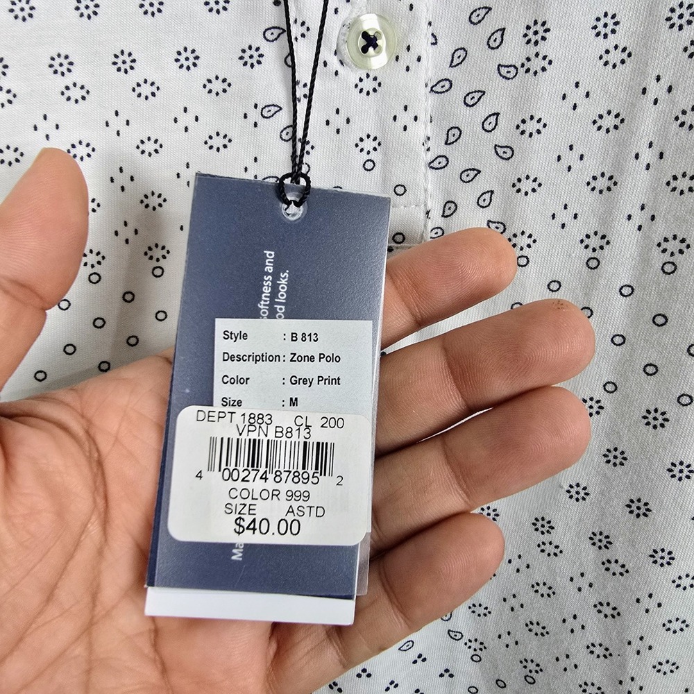 NWT Britches Sport by Samtex Mens Polo Shirt Medium White Grey Print 100% Cotton - Picture 6 of 8